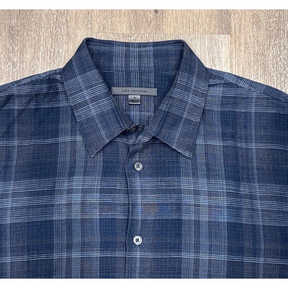John Varvatos Shirt Mens Medium Blue Plaid Linen Cotton Long Sleeve Button Front - Picture 6 of 9